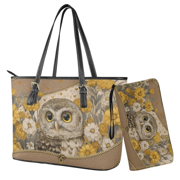 Kuiaobaty Owl Print Satchel Handbag for Women, Flowers Print Leather Tote Bag Purse with Adjustable Strap, Lightweight Top Handle Handbag for Travel, Brown