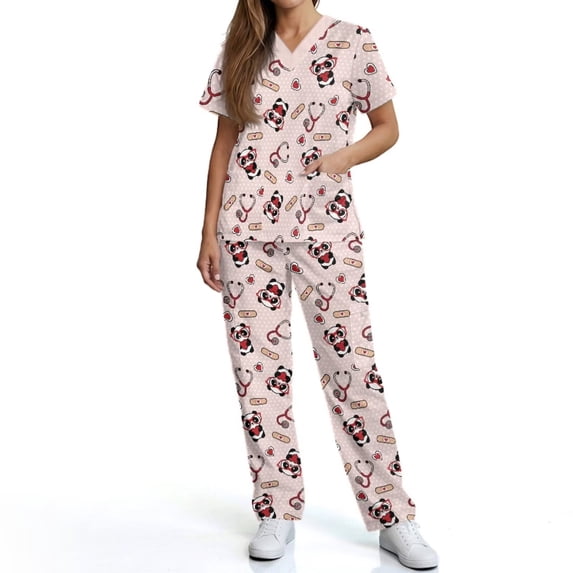 Kuiaobaty Panda Print Scrubs Set for Women Polka Dot Print Vet Tech Scrubs Breathable Nurse Uniforms for Animal Care, Pink
