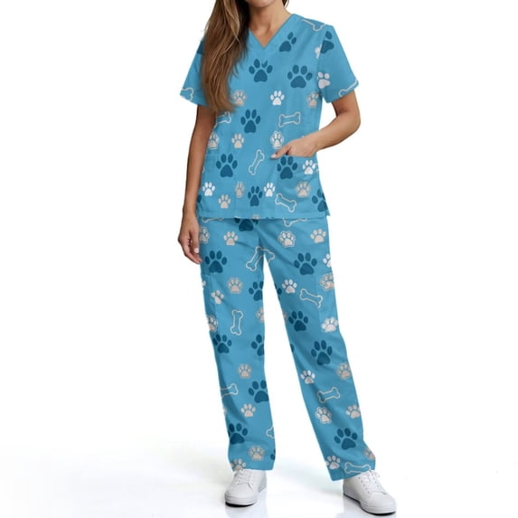 Kuiaobaty Paw Bone Print Scrubs for Women Set Stretch V-neck Top and Pants Breathable Nursing Uniforms for Vet, Blue