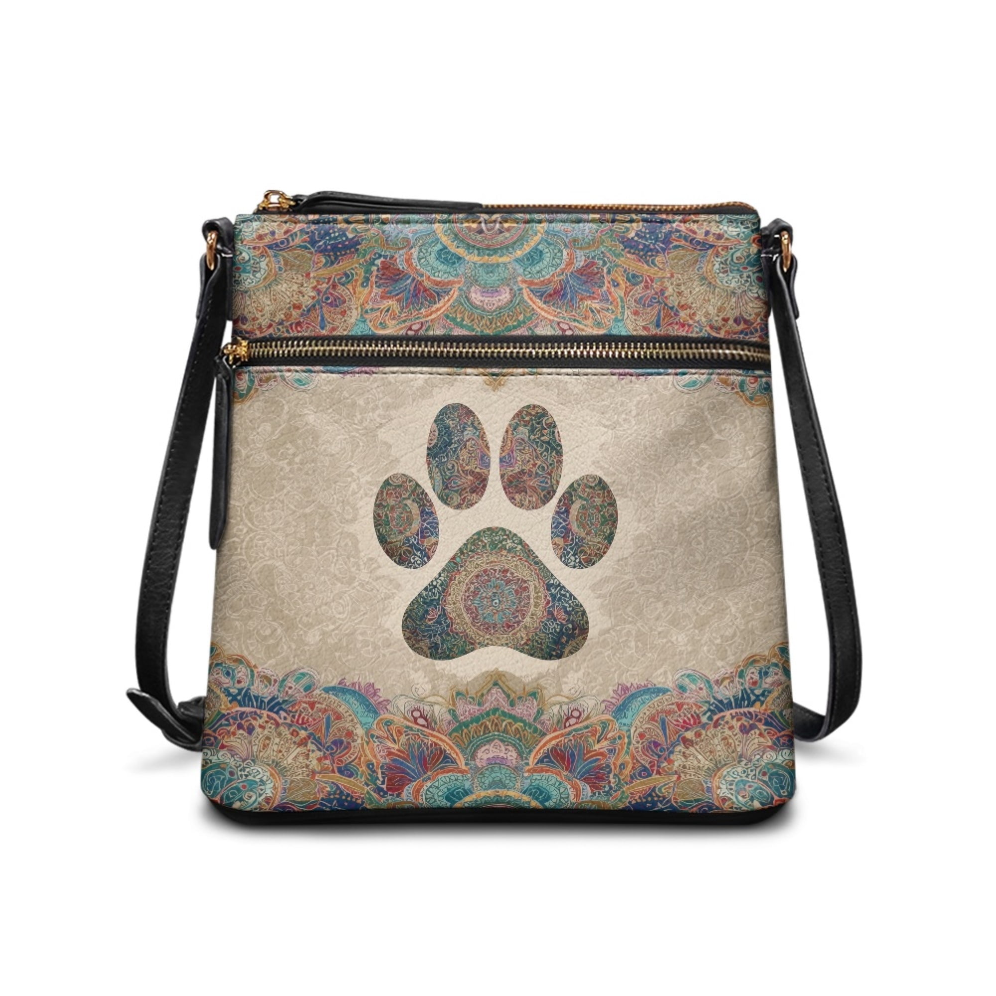 Kuiaobaty Paw Print Leather Crossbody Bag for Women, Boho Mandala Flowers Print Shoulder Handbag with Adjustable Strap, Waterproof Sturdy Sling Bag Purse Crossbody for Travel