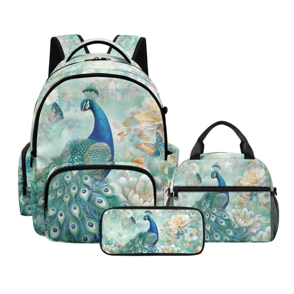 Kuiaobaty Peacock Flower Print Backpack and Pencil Case Set for Kids 8-12 Roomy Casual Backpack with Lunch Box Large Capacity Bookbag and Lunch Bag with Bottle Holder for School Travel