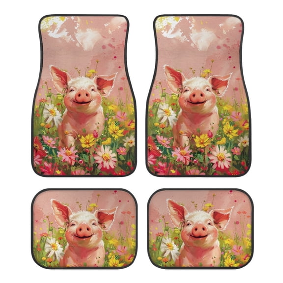 Kuiaobaty Pig Flowering Shrubs Pink Pattern 4 Packs Automotive Floor Mats Washable Front Rear Liners Carpet with Anti-Slip Backing Design Auto Car Accessories for Van Sedan Car Truck