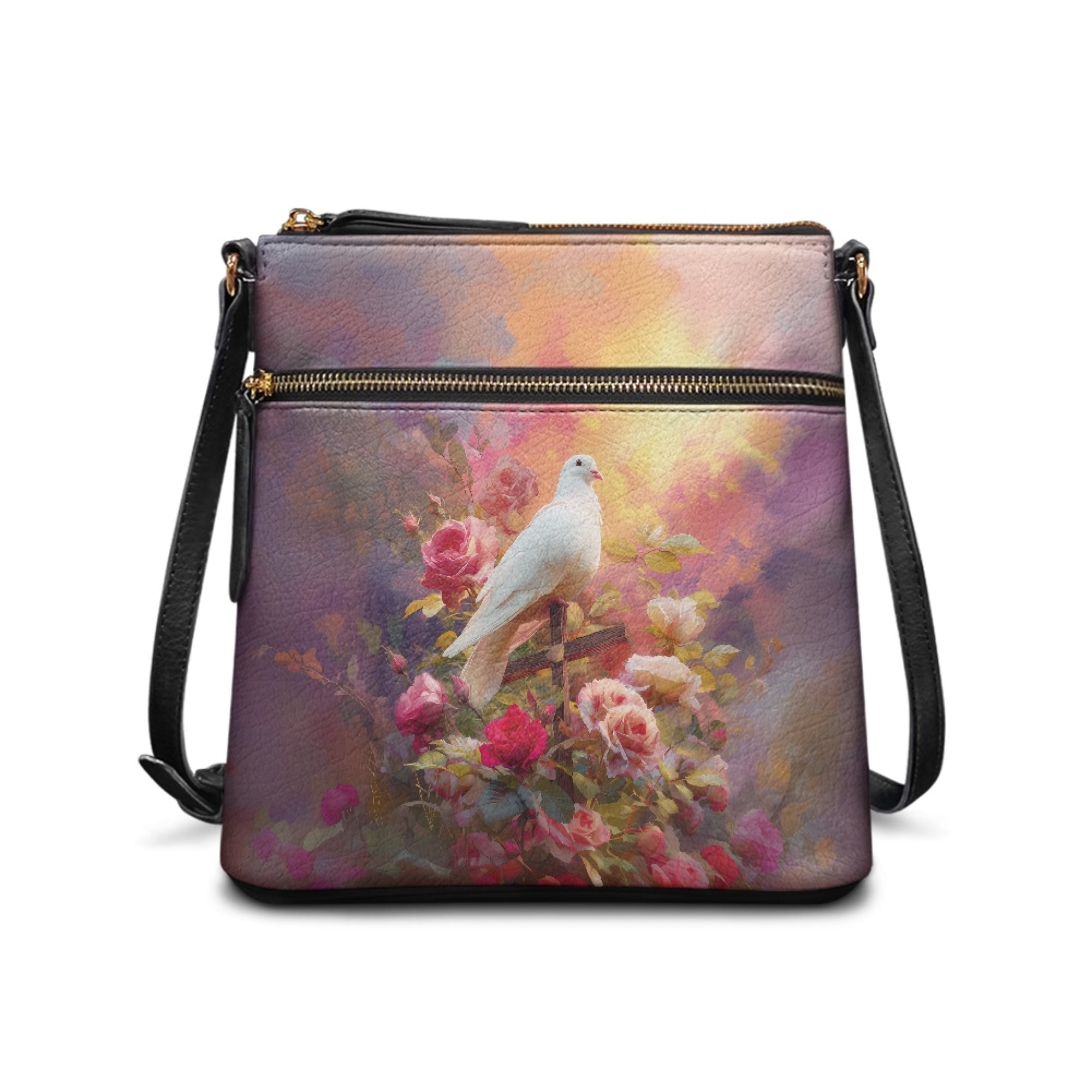 Kuiaobaty Pigeon Cross Rose Print Crossbody Bag for Women Trendy, Roomy Casual Vegan Leather Sling Handbag Crossbody, Lightweight Zipper Hobo Purse with Adjustable Strap for Travel