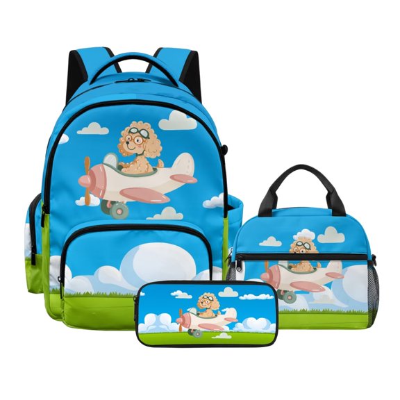 Kuiaobaty Pilot Poodle Print Kids Backpack with Lunch Bag Portable Insulated Lunch Box and Backpack with Bottle Holder Large Capacity School Bag Pencil Case for Travel Camping