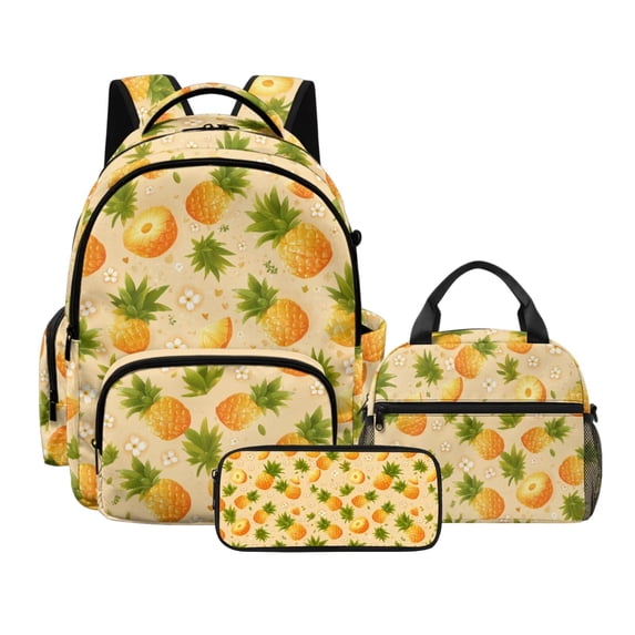 Kuiaobaty Pineapples Floral Print Backpack Set with Lunch Bag for Kids 17 Inch Backpack and Pencil Case with Zipper Reusable Insulated Lunch Box and Pencil Pouch for School Camping