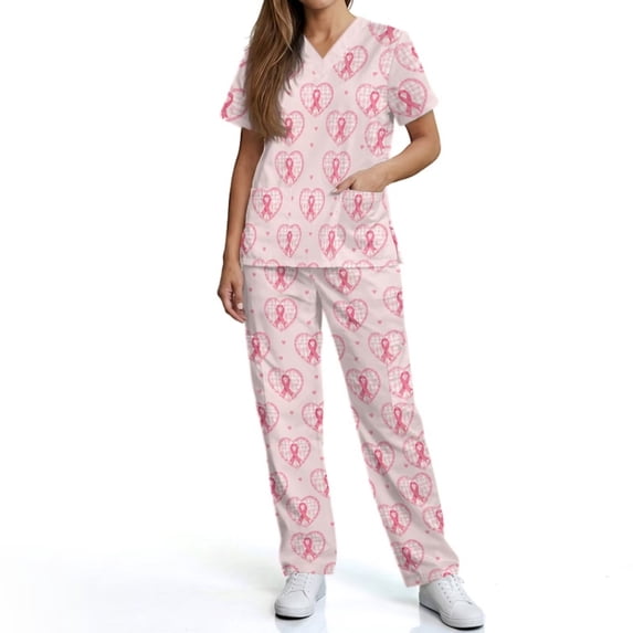 Kuiaobaty Pink Ribbon Print Scrubs Set for Women Heart Print Nurse Top and Straight Leg Pants Soft Medical Scrubs for Breast Cancer