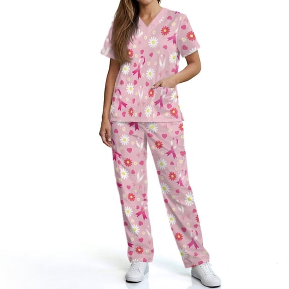 Kuiaobaty Pink Ribbon Print Scrubs for Women Set Hearts Daisy Print Nurse Uniform Breathable Medical Scrubs for Breast Cancer