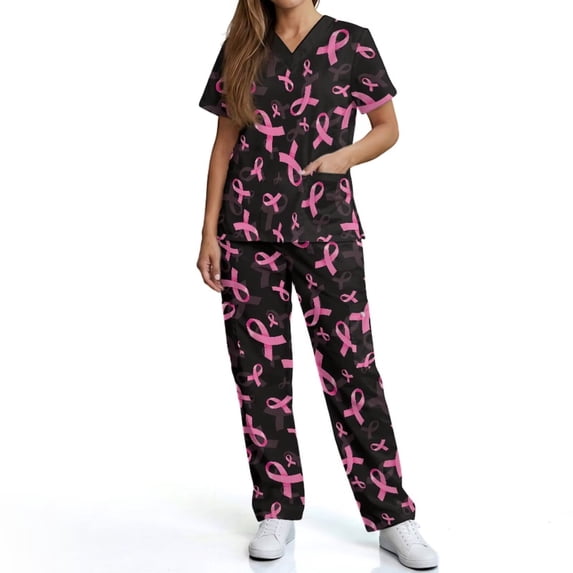 Kuiaobaty Pink Ribbon Print Womens Scrubs Soft V-neck Top & Straight Leg Pants Lightweight Nursing Uniforms for Breast Cancer Awareness