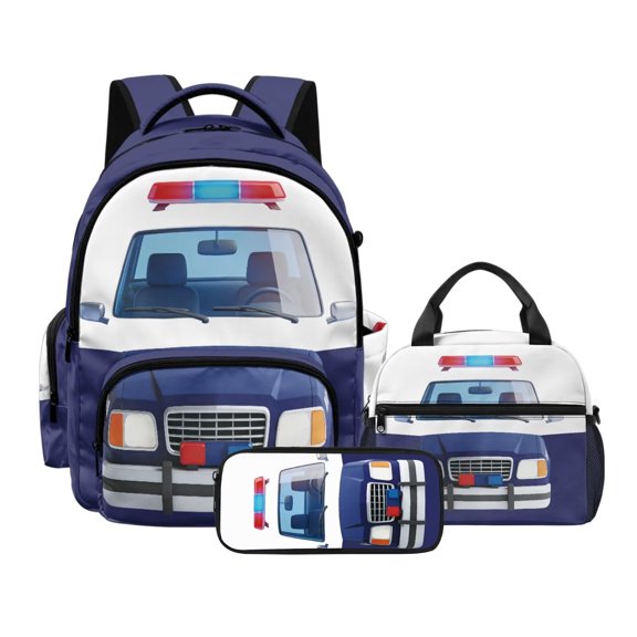 Kuiaobaty Police Car Print Backpack Set of 3 Kids Backpack and Lunch Bag Set with Adjustable Strap Large Capacity Bookbag with Lunch Box & Pencil Case for School Travel