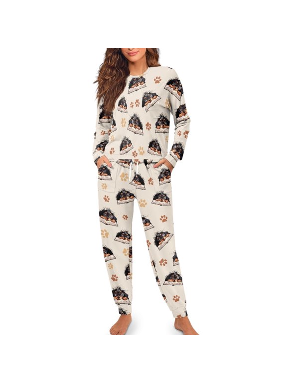 Polyester Fabric Sleepwear for Lounge Home, Long Sleeve Soft Women's Long Sleeve Pajama Set, Puppy Book Nerd, Size XL