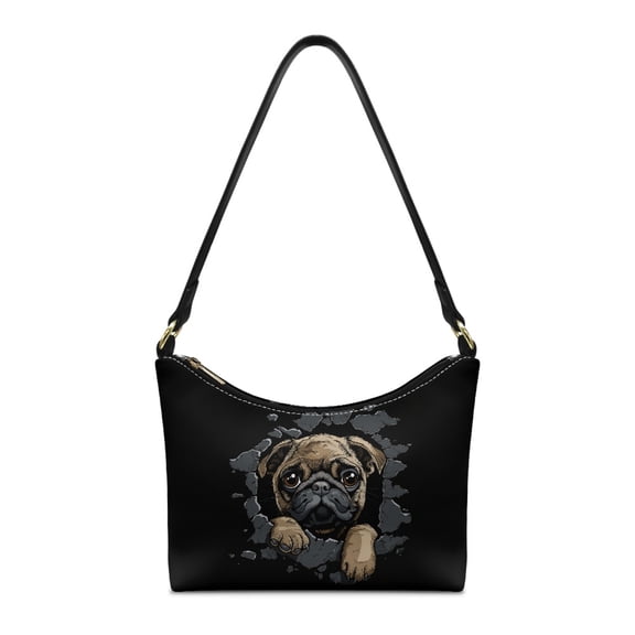 Kuiaobaty Pug Hole Print Shoulder Purse for Women Cute Spacious Leather Hobo Purse Tote Bag with Zipper Closure Durable Clutch Underarm Sling Bag for Travel Black