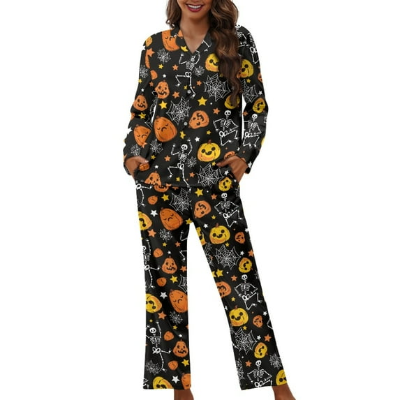 Kuiaobaty Pumpkin Skull Print Pajamas Set Women's Long Sleeve Sleepwear Set Halloween Pajamas Set Crewneck Tops T-Shirts and Pants 2 Pack Set Nightwear Soft Loungewear Full Length Pajamas, S