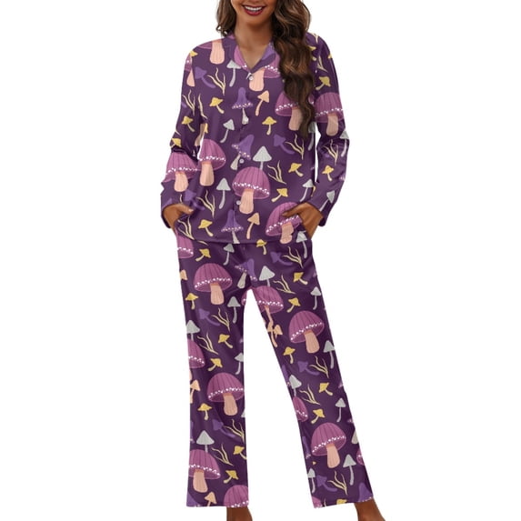 Kuiaobaty Purple Mushroom Print Women Pajama Sets Long Sleeve Button Up Sleepwear Nightwear Soft Pjs Lounge Sets with Tops and Pants Holiday Nightgown Party Clothes, Size XL