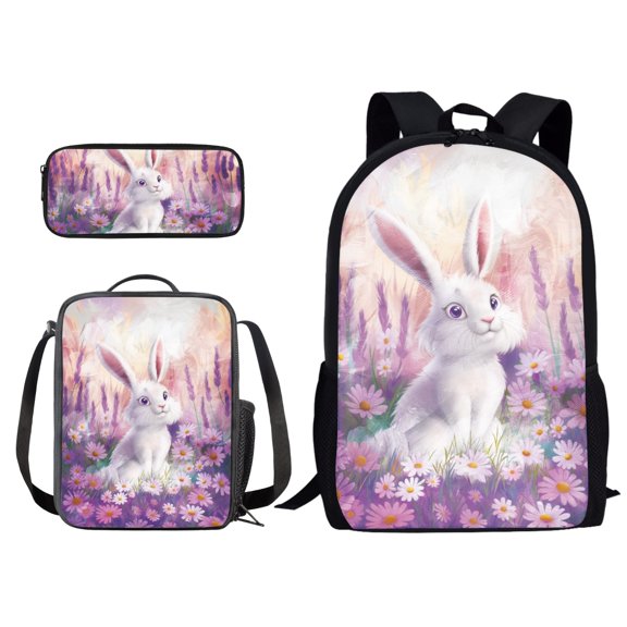 Kuiaobaty Rabbit Daisy Pattern 3 Pcs Backpack Purse for Girls Teens School Bags with Lunch Box Pencil Case Set of 3 Pcs Elementary Middle Schoolbags Students Bookbag Travel Casual Daypack
