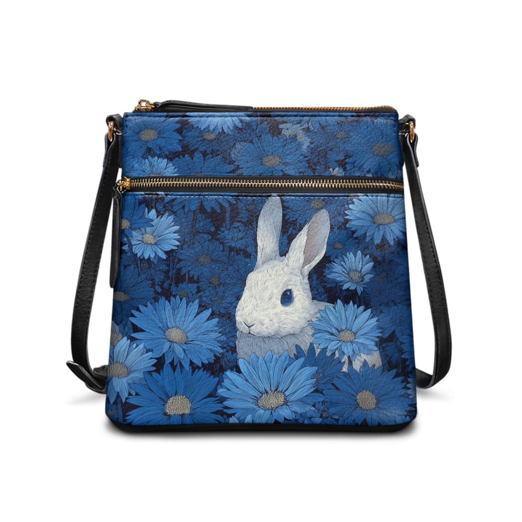 Kuiaobaty Rabbit Daisy Print Crossbody Bag for Women, Cute Sturdy PU Leather Shoulder Bag Crossbody with Adjustable Strap, Lightweight Messenger Handbag for Travel, Blue