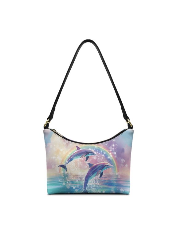 Rainbow Dolphin Print Hobo Purse for Women Lightweight Vegan Leather Shoulder Handbag with Smooth Zipper Large Capacity Underarm Sling Bag for Travel