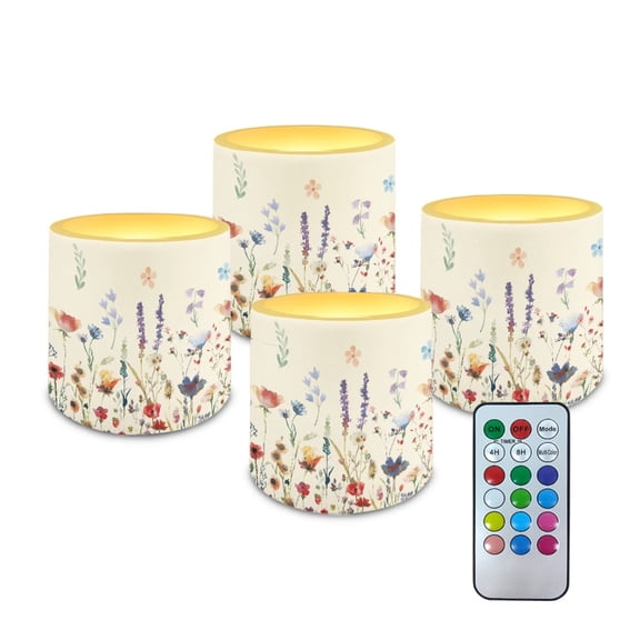 Kuiaobaty Retro Floral Pattern 4 Pcs Flameless Votive Candles Battery Operated LED Pillar Candle Tealights Long Lasting with Remote Timer for Indoor Outdoor Coastal Home Decor