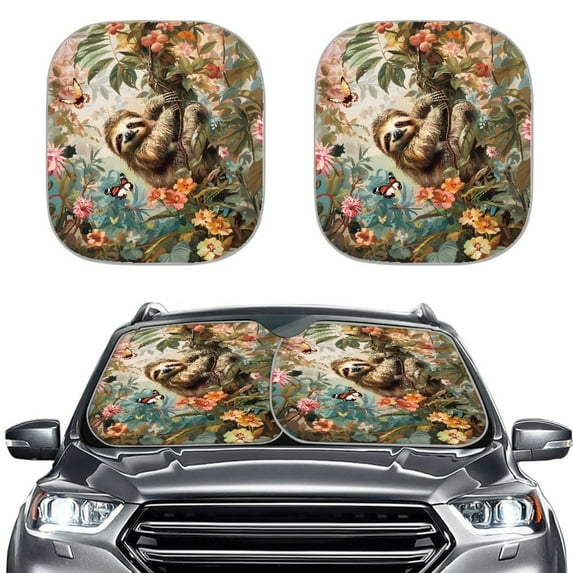 Kuiaobaty Retro Flower Sloth Pattern 2 Pcs Auto Windshield Sun Shade 28.5" x 25.5" Car Window Sun Shield Blocks UV Rays Exterior Accessories Fit Most Trucks Sedans SUVs Cars