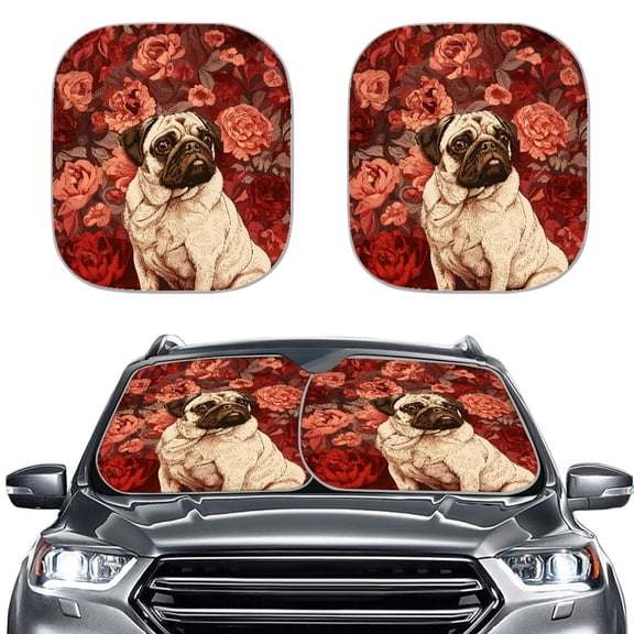 Kuiaobaty Retro Pug Dog Rose Pattern 2 Pcs Auto Windshield Sun Shade Car Window Sun Shield Blocks UV Rays Exterior Accessories 28.5" x 25.5" 2 Pack Cars Trucks Sedans SUVs