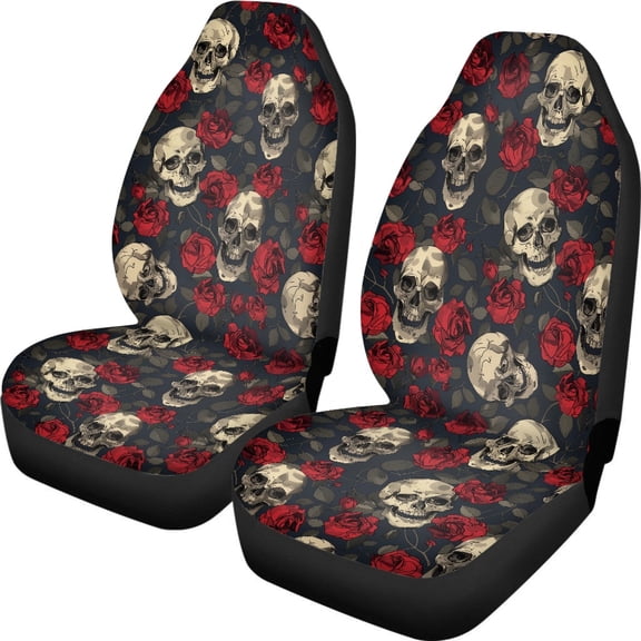 Kuiaobaty Retro Skull Rose Pattern Vehicle Front Seat Covers 2 Pcs Auto Seat Cushion Covers Vehicle Interior Decoration Automotive Accessories Universal Fit Car Sedan Van Truck
