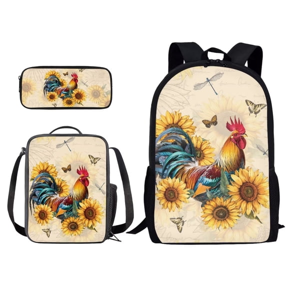 Kuiaobaty Rooster Chicken Sunflower Pattern Backpack for Girls Kids Butterfly Dragonfly School Bag Bookbag with Lunchbox and Pen Bags Children Kids Shoulder Bag Casual Daypack Pack of 3