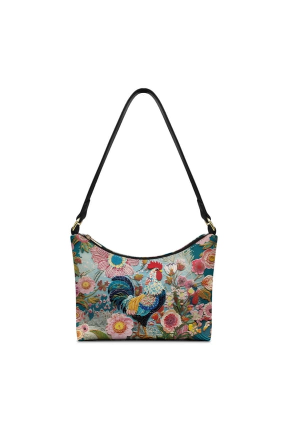 Rooster Flower Print Hobo Purse for Women Lightweight Vegan Leather Shoulder Handbag with Smooth Zipper Vintage Durable Underarm Sling Bag for Travel