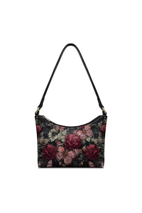 Rose Butterfly Print Shoulder Purse for Women Lightweight Leather Underarm Sling Bag with Adjustable Strap Zipper Pockets Hobo Purse Tote for Travel