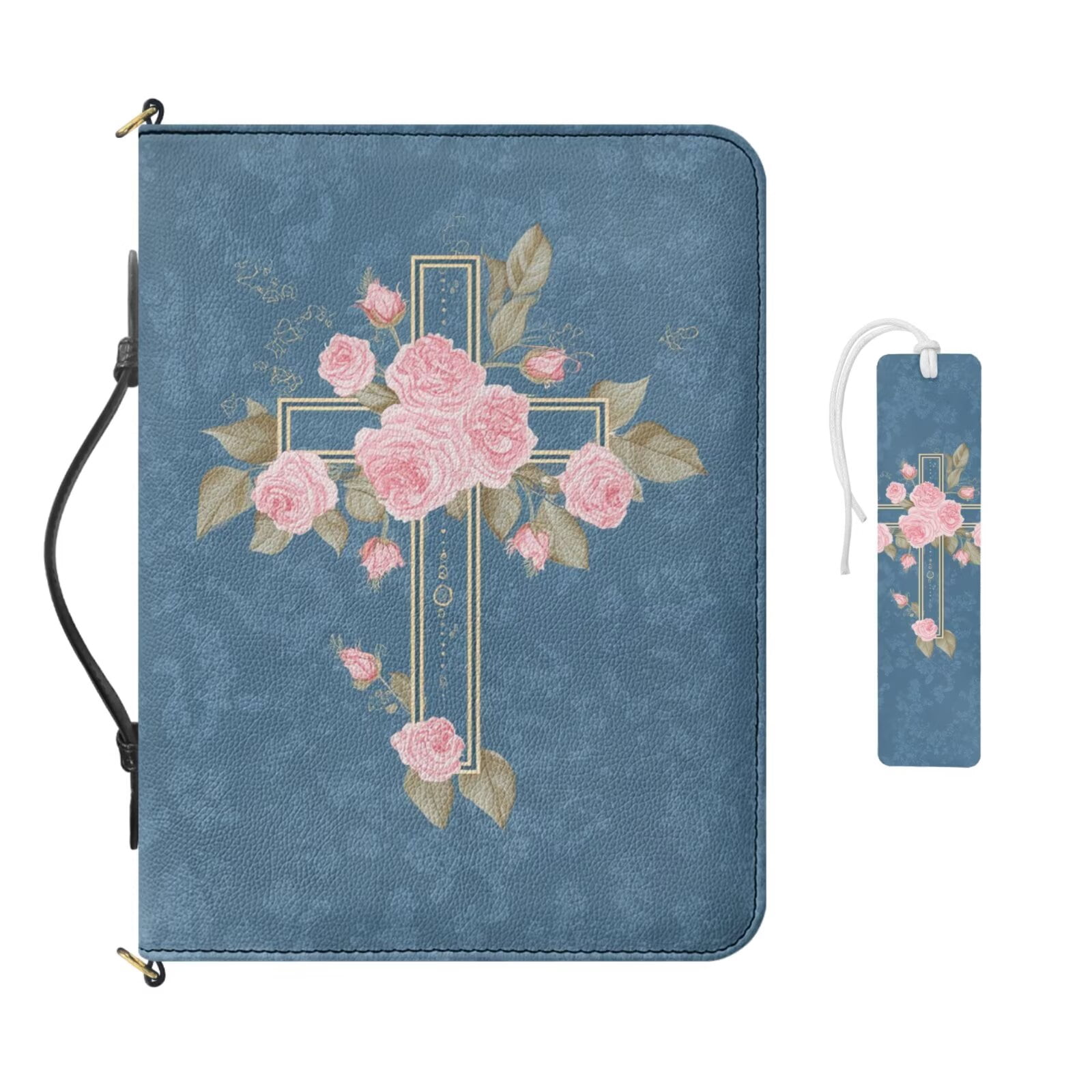 Kuiaobaty Rose Cross Print Bible Bag for Women Men PU Leather Bible Cover Case with Bookmark Lightweight Church Bag Bible Study Supplies with Shoulder Strap for Christian, Blue