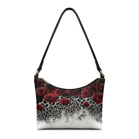 Kuiaobaty Rose Leopard Print Shoulder Purse for Women Trendy Casual Leather Underarm Sling Bag with Zipper Closure Roomy Crescent Hobo Purse Tote Bag for Travel