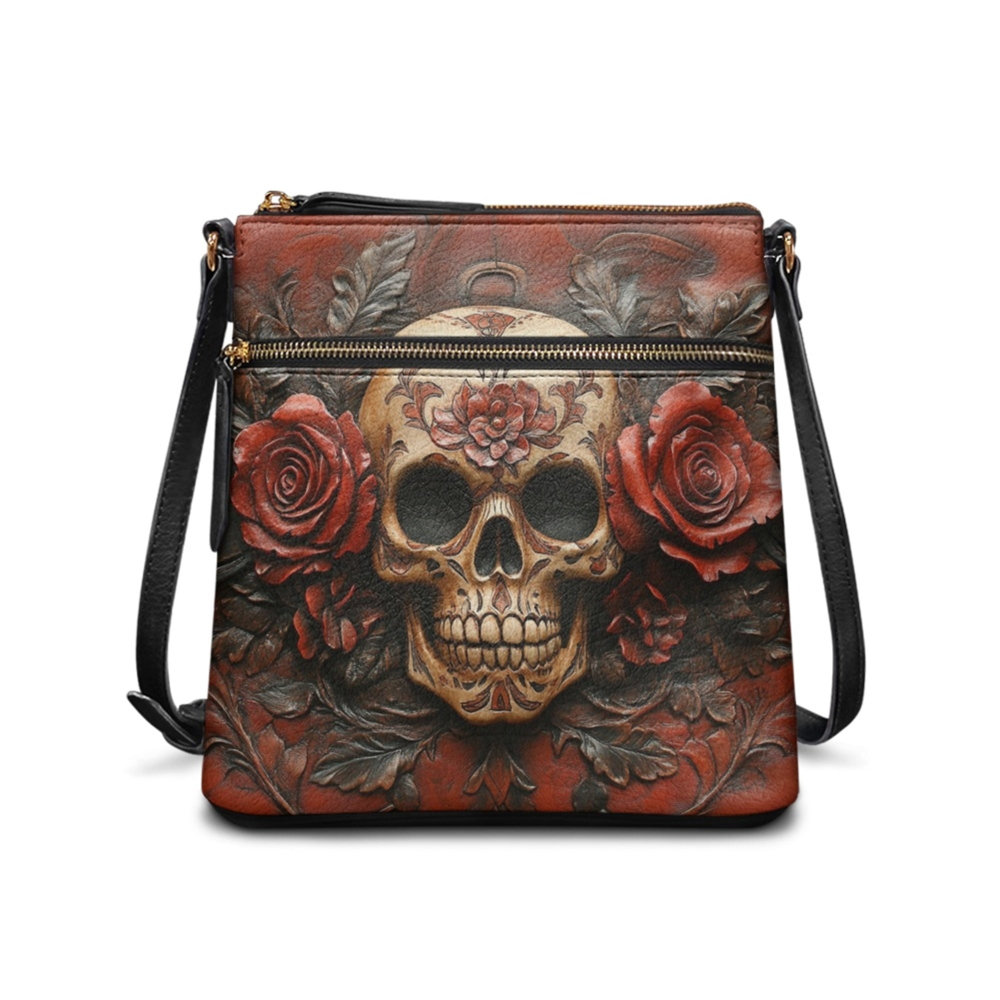Kuiaobaty Rose Skull Print Crossbody Bag for Women, Waterproof Zipper Vegan Leather Crossbody Handbag with Adjustable Shoulder Strap Lightweight Travel Casual Hobo Purse