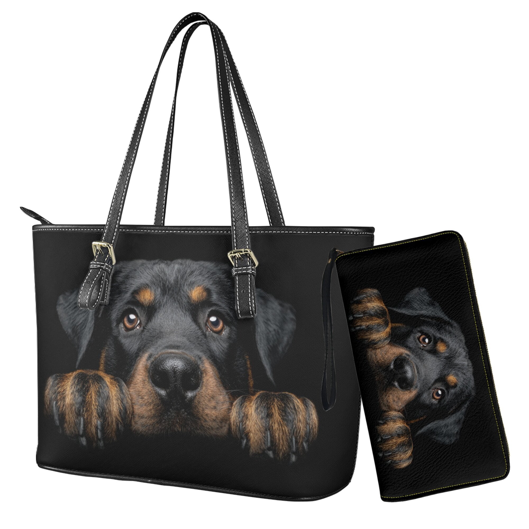 Kuiaobaty Rottweiler Print Tote Handbag for Women, Roomy Casual Leather Shoulder Purse with Adjustable Strap, Waterproof Satchel Purse with Wallet for Travel, Black
