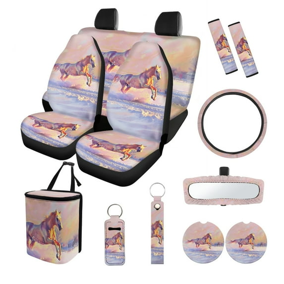 Kuiaobaty Running Horse Print Car Accessories Set of 13 Car Seat Covers Steering Wheel Cover Car Cup Holders Keychains Auto Trash Bin Seat Belt Pads Rear View Mirror Cover for Most SUV Truck Sedan