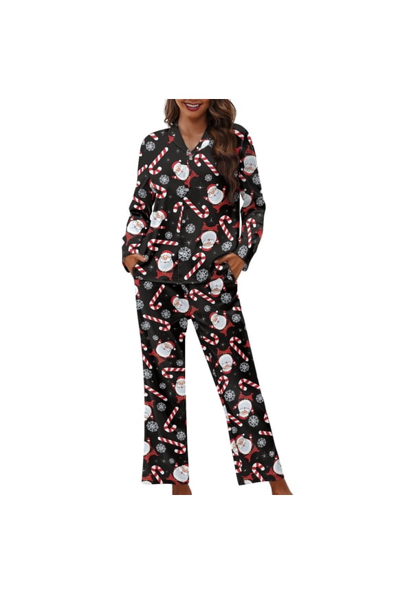Santa Claus Candy Snowflake Print Pajama Sets for Women Comfy Lounge Set Long Sleeve Sleepwear Button Down Tops and Pants Nightgown Outfits with Pockets Holiday Party Pjs, Size XL