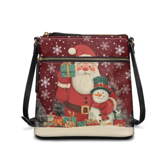 Kuiaobaty Santa Claus Print Crossbody Bag for Women, Christmas Snowman Print Vegan Leather Messenger Handbag with Adjustable Strap, Multi Pockets Sling Purse Crossbody for Travel, Red