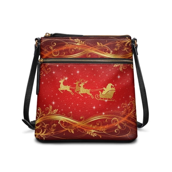 Kuiaobaty Santa Claus Print Crossbody Bag for Women, Reindeer Print Leather Shoulder Handbag Crossbody with Adjustable Strap, Multi Pockets Christmas Sling Bag for Travel, Red