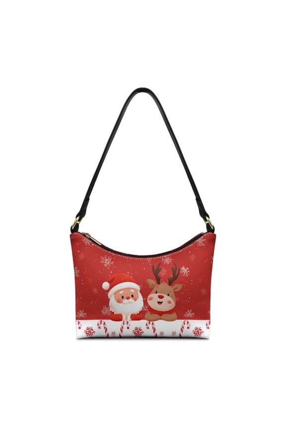 Santa Claus Print Underarm Sling Bag for Women Reindeer Print Leather Shoulder Handbag with Zipper Closure Roomy Christmas Hobo Purse for Travel Red