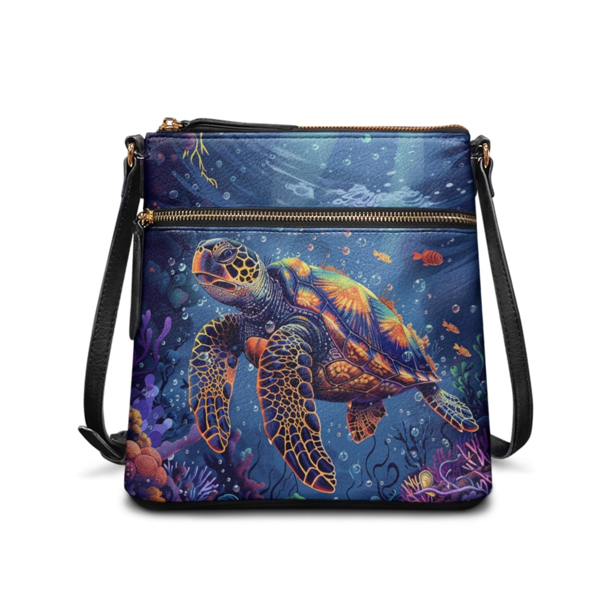 Kuiaobaty Sea Turtle Coral Print Crossbody Bag for Women Trendy, Large Capacity Vegan Leather Messenger Handbag Crossbody, Roomy Zipper Sling Purse with Adjustable Strap for Travel