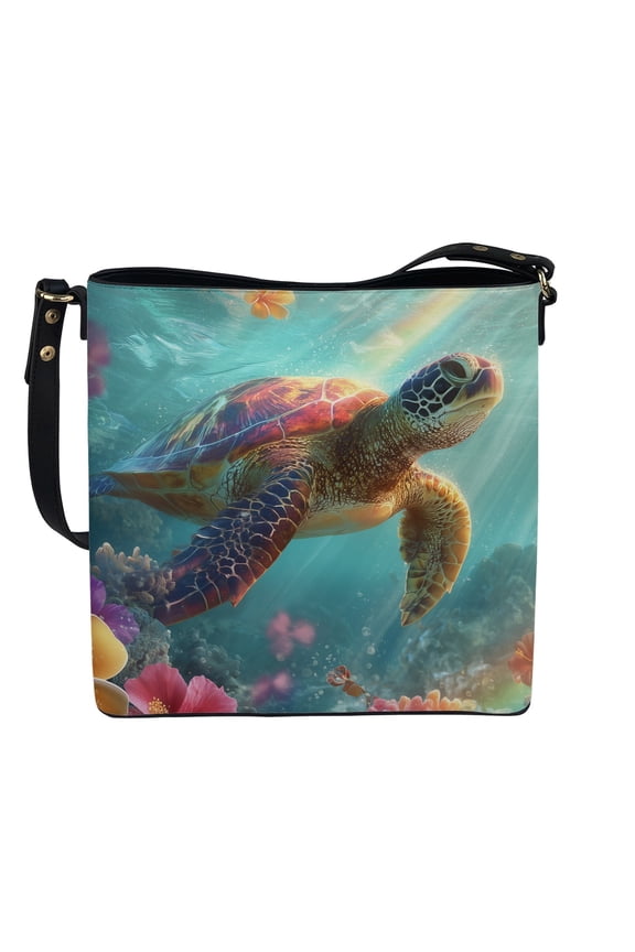 Sea Turtle Flower Print Crossbody Bag for Women, Large Capacity Vegan Leather Shoulder Handbag Crossbody, Lightweight Portable Satchel Purse with Removable Strap for Travel