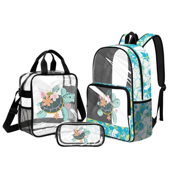 Kuiaobaty Sea Turtle Print Clear Backpack and Lunch Bag Set for Boys Flower Print Clear Backpack and Pencil Case with Zipper Heavy Duty School Bag with Lunch Box for School