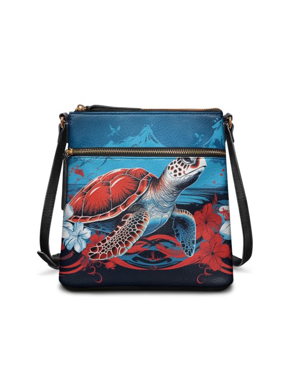 Sea Turtle Print Crossbody Bag for Women Medium Size, Lightweight Waterproof Vegan Leather Crossbody Purse with Adjustable Strap, Roomy Multi Pockets Travel Hobo Bag with Zipper