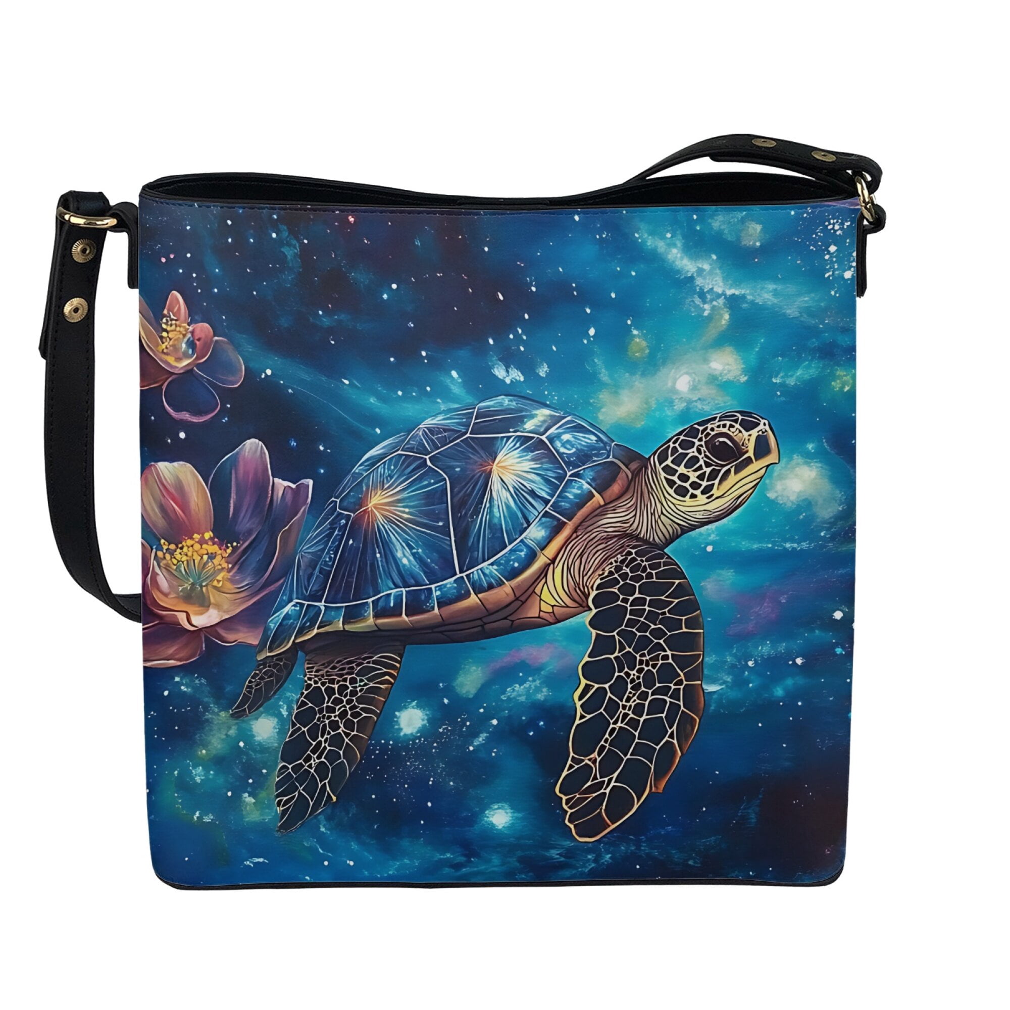 Kuiaobaty Sea Turtle Print Leather Crossbody Bag for Women Lady, Trendy Lotus Print Hobo Satchel Purse with Adjustable Strap, Roomy Bucket Tote Bag Handbag Crossbody for Travel, Blue