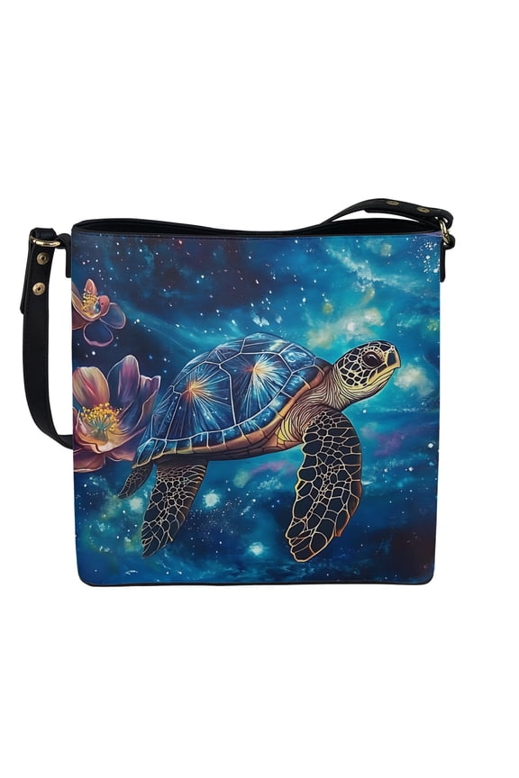 Sea Turtle Print Leather Crossbody Bag for Women Lady, Trendy Lotus Print Hobo Satchel Purse with Adjustable Strap, Roomy Bucket Tote Bag Handbag Crossbody for Travel, Blue