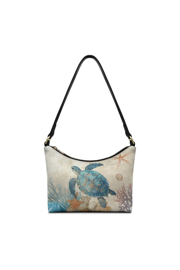 Sea Turtle Print Shoulder Purse for Women Starfish Print Leather Underarm Sling Bag with Zipper Closure Small Clutch Hobo Purse Tote Bag for Travel Beige