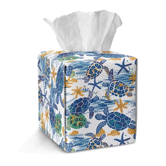 Kuiaobaty Sea Turtle Print Tissue Box Cover Starfish Print Tissue Holder with Snap Closure Waterproof Square Tissue Box Cover Napkin Holder for Home Bathroom Vanity Countertop, Blue