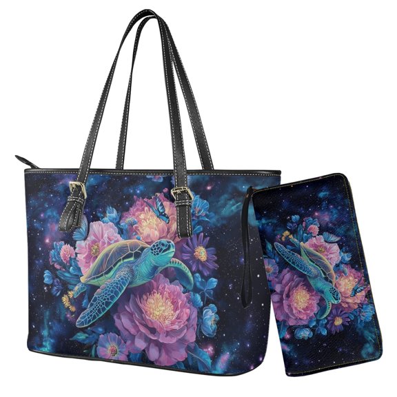 Kuiaobaty Sea Turtle Print Tote Handbag for Women, Flowers Butterfly Print Shoulder Bag Purse with Adjustable Strap, Roomy Leather Satchel Purse with Wallet for Travel