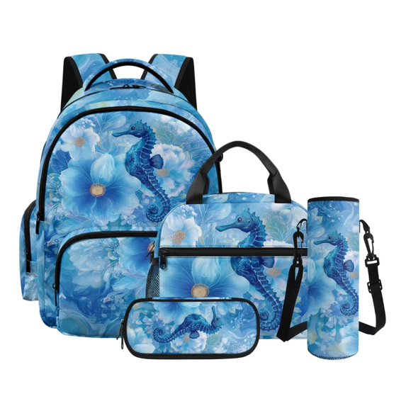 Kuiaobaty Seahorse Print Backpack and Pencil Case Set for Girls Boys Flower Print Backpack with Lunch Box Large Capacity Bookbag and Water Bottle Holder with Bottle Holder for School Travel