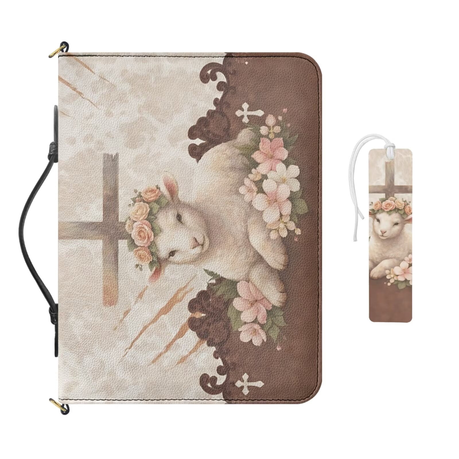 Kuiaobaty Sheep Flower Cross Print Bible Covers for Women Men Leather Carrying Book Case Church Bag with Handle and Strap Scripture Case with Bookmark for Church, Beige
