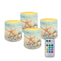 Kuiaobaty Shell Starfish Pattern 4 Packs Flickering Flameless LED Battery Candles Waterproof Pillar Fake Candles with Colored Light Remote for Wedding Beach Party Decor