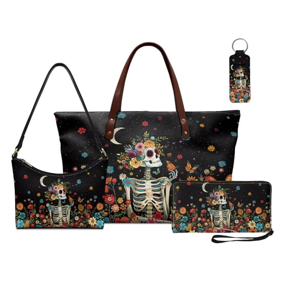 Kuiaobaty Skeleton Floral Print Purse and Wallet Set for Women Large Tote Handbag with Lipstick Holder Large Capacity Top Handle Handbag Set for Shopping, Black
