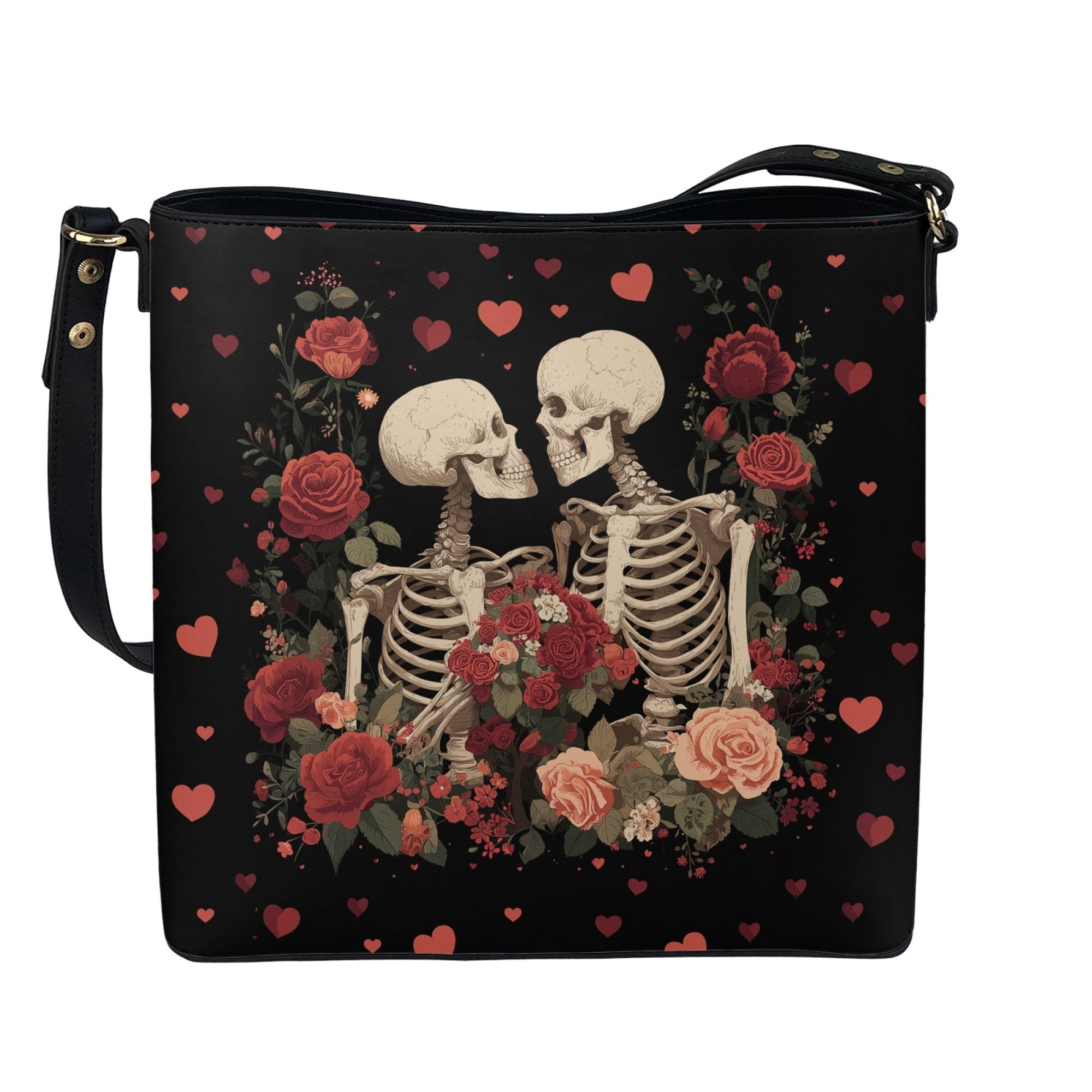 Kuiaobaty Skeleton Rose Print Bucket Bag for Women Lightweight Leather Shoulder Handbag with Adjustable Strap Roomy Casual Hobo Satchel Purse for Valentine's Day Black